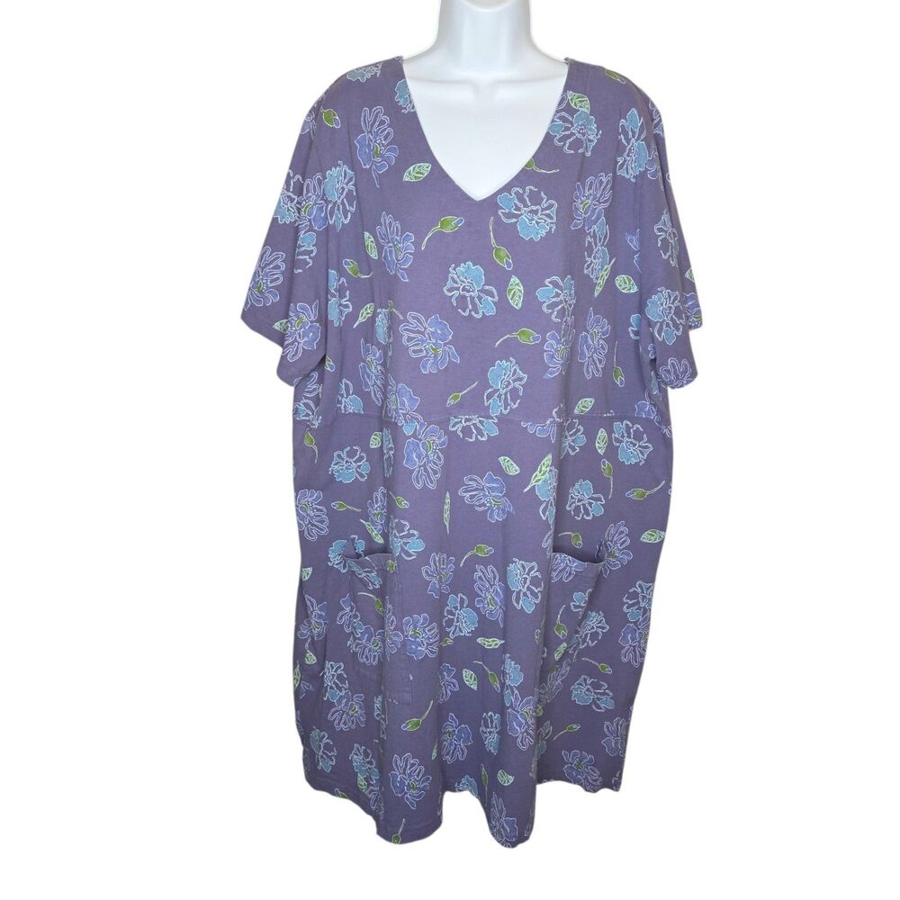 Vintage Fresh Produce Purple Floral Pocket V-Neck T-Shirt Dress Made in USA 3X
